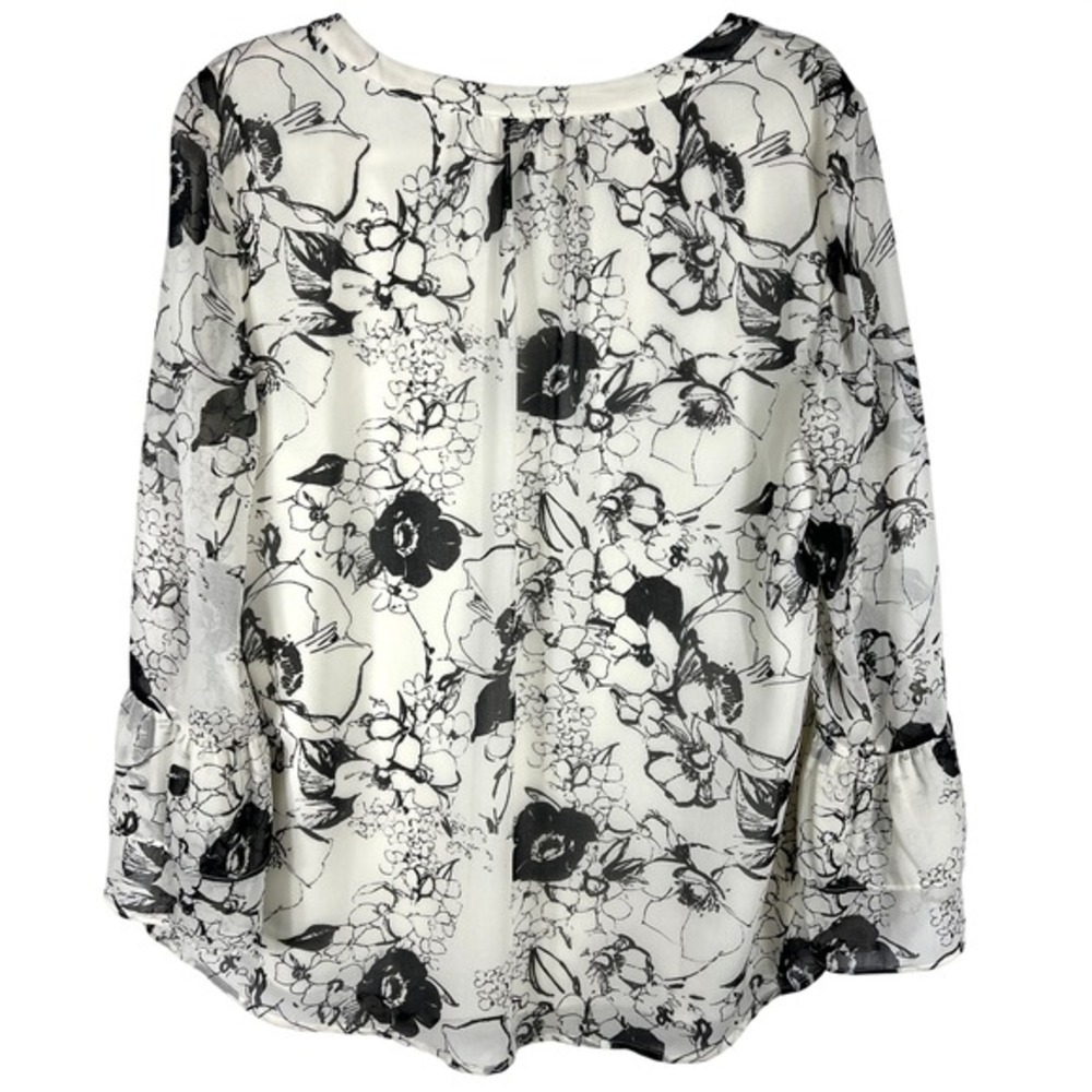 Talbots Floral Sheer-Overlay Blouse Large Cream Black‎ Ruffle Sleeve V-Neck Top - Picture 2 of 10